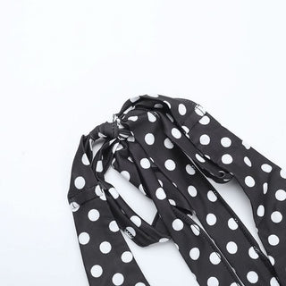 Polka dot self tie halter flower applique mini dress