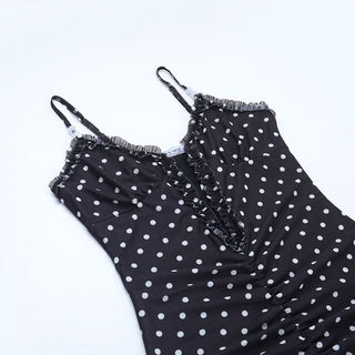 Mesh polka dot ruched ruffle cami midi dress