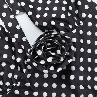 Polka dot self tie halter flower applique mini dress