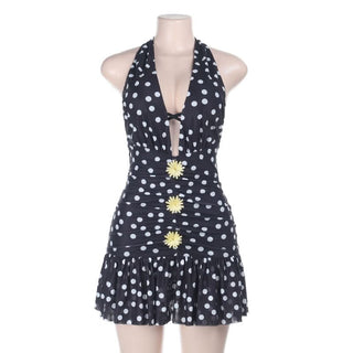 Polka dot halter ruched v neck self tie mini dress