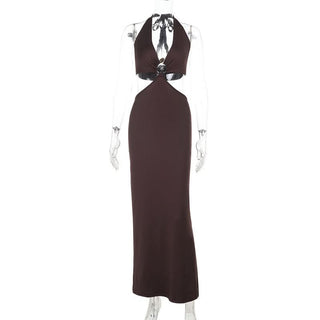 Halter self tie v neck brown maxi dress