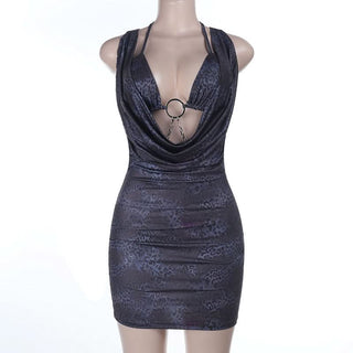 Metal chain o ring self tie print mini dress