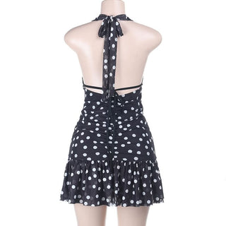 Polka dot halter ruched v neck self tie mini dress