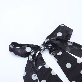 Polka dot halter ruched v neck self tie mini dress