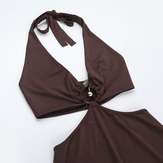 Halter self tie v neck brown maxi dress
