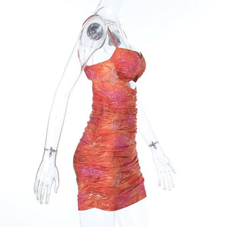 Ruched hollow out v neck print cami cut out mini dress