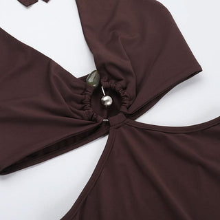 Halter self tie v neck brown maxi dress