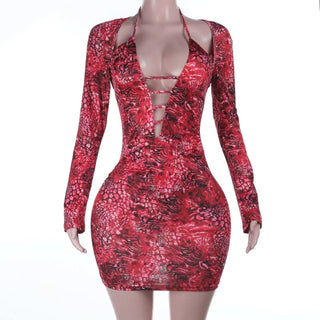 Long sleeve hollow out self tie print cut out mini dress