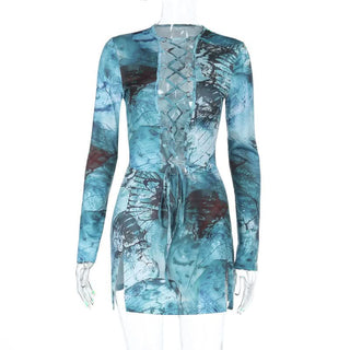 Long sleeve hollow out self tie slit print cut out mini dress