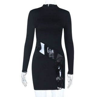 Irregular long sleeve hollow out crewneck cut out mini dress