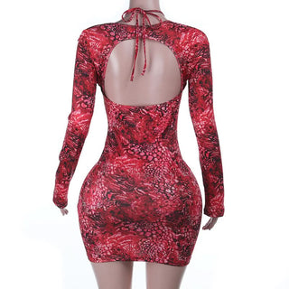 Long sleeve hollow out self tie print cut out mini dress