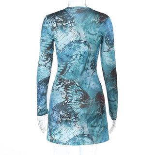 Long sleeve hollow out self tie slit print cut out mini dress