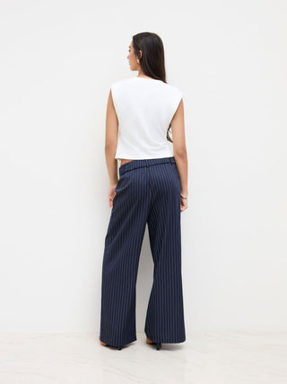 Mid Rise Stripe Pleated Wide Leg Trousers
