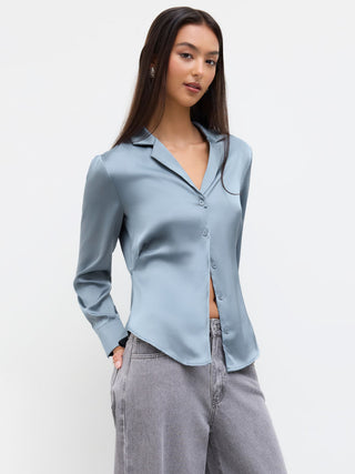 Satin Collar Long Sleeve Curved Hem Cinched Waist Shirt