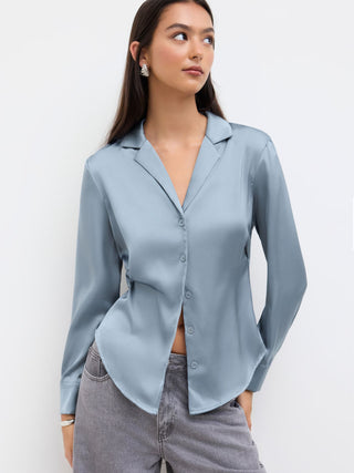 Satin Collar Long Sleeve Curved Hem Cinched Waist Shirt