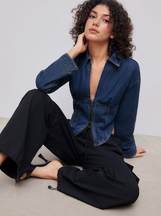 Denim Collar Solid Corset Zipper Jacket
