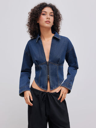 Denim Collar Solid Corset Zipper Jacket