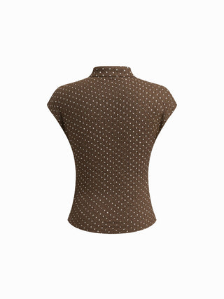 Polka Dot Mandarin Collar Short Sleeve Knotted Ruched Top