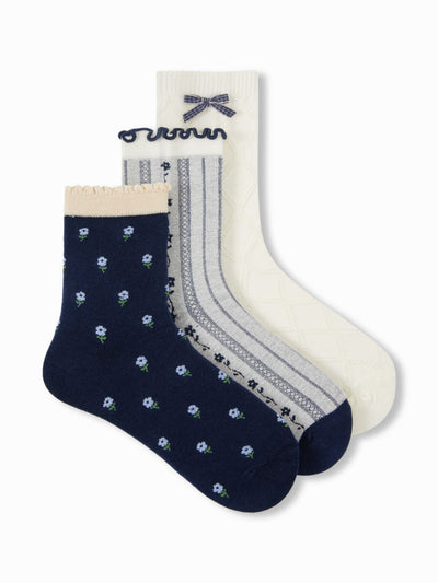 3 PAIRS FLOWER & BOWKNOT CREW SOCKS SET