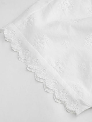 Cotton V-neck Broderie Anglaise Pleated Shirred Short Sleeve Blouse