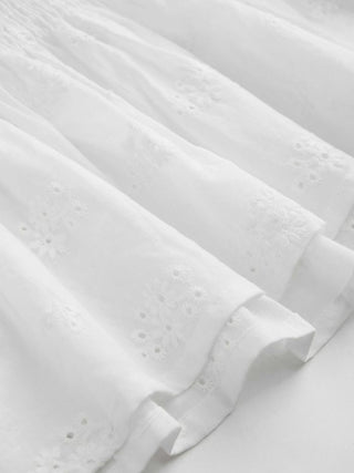 Cotton V-neck Broderie Anglaise Pleated Shirred Short Sleeve Blouse
