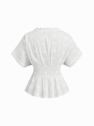 Cotton V-neck Broderie Anglaise Pleated Shirred Short Sleeve Blouse