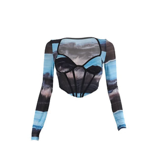 Long sleeve v neck print mesh bustier top