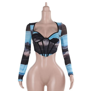 Long sleeve v neck print mesh bustier top