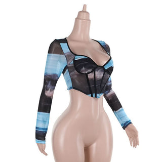 Long sleeve v neck print mesh bustier top