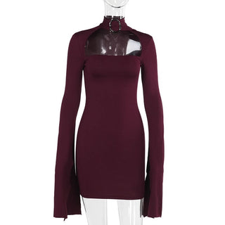 Long sleeve hollow out buckle slit cut out mini dress