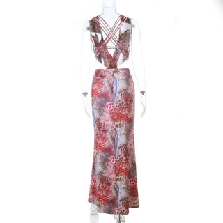 Print v neck hollow out cross back cut out maxi dress