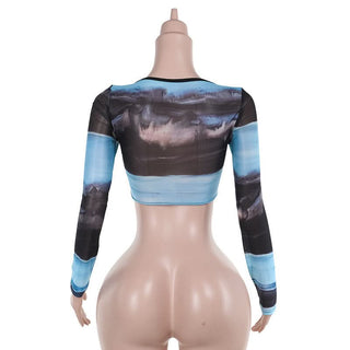Long sleeve v neck print mesh bustier top