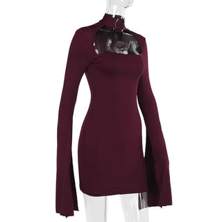 Long sleeve hollow out buckle slit cut out mini dress