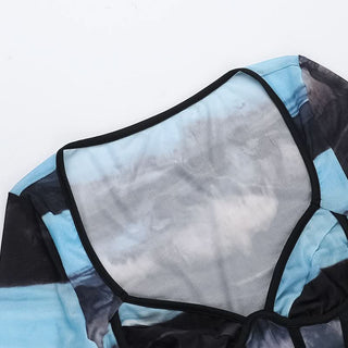 Long sleeve v neck print mesh bustier top