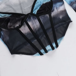 Long sleeve v neck print mesh bustier top