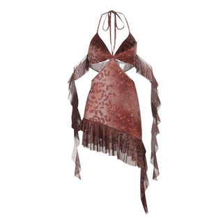 Halter self tie ruffle print hollow out cut out mini dress