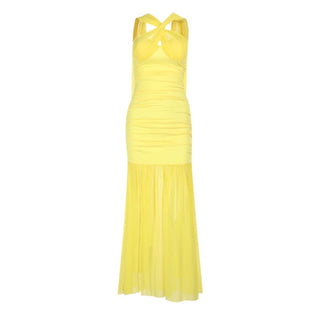 Ruched mesh slit irregular yellow maxi dress