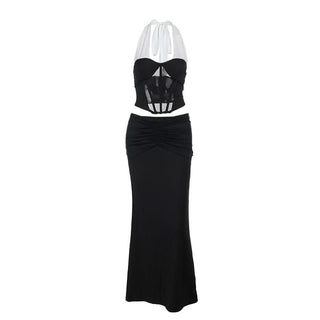 Halter self tie ruched corset maxi skirt set
