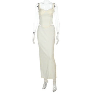 Slit v neck smocked apricot maxi skirt set