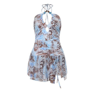 Cross front self tie halter ruched print mini dress