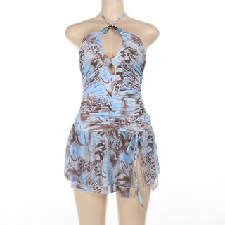 Cross front self tie halter ruched print mini dress