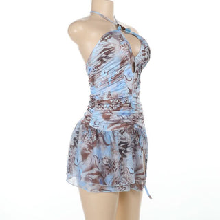 Cross front self tie halter ruched print mini dress