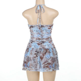 Cross front self tie halter ruched print mini dress