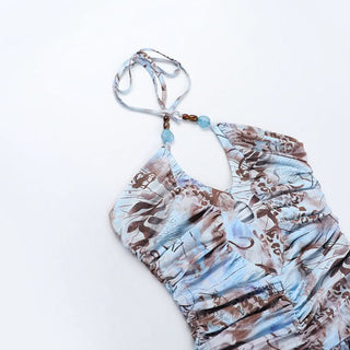 Cross front self tie halter ruched print mini dress