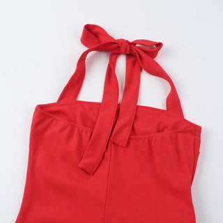 Slit flower applique halter square neck midi dress