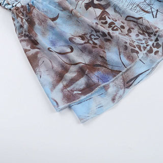 Cross front self tie halter ruched print mini dress