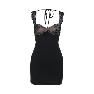 Self tie lace hem v neck black cami mini dress