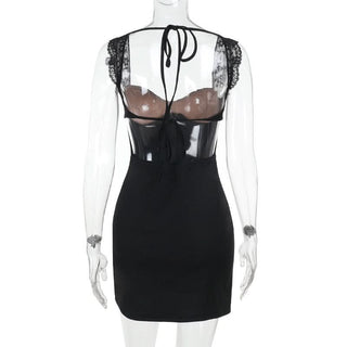 Self tie lace hem v neck black cami mini dress