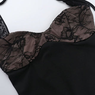 Self tie lace hem v neck black cami mini dress