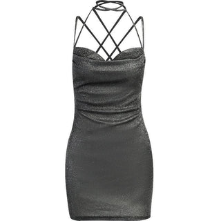 Cross back self tie cowl neck cami mini dress